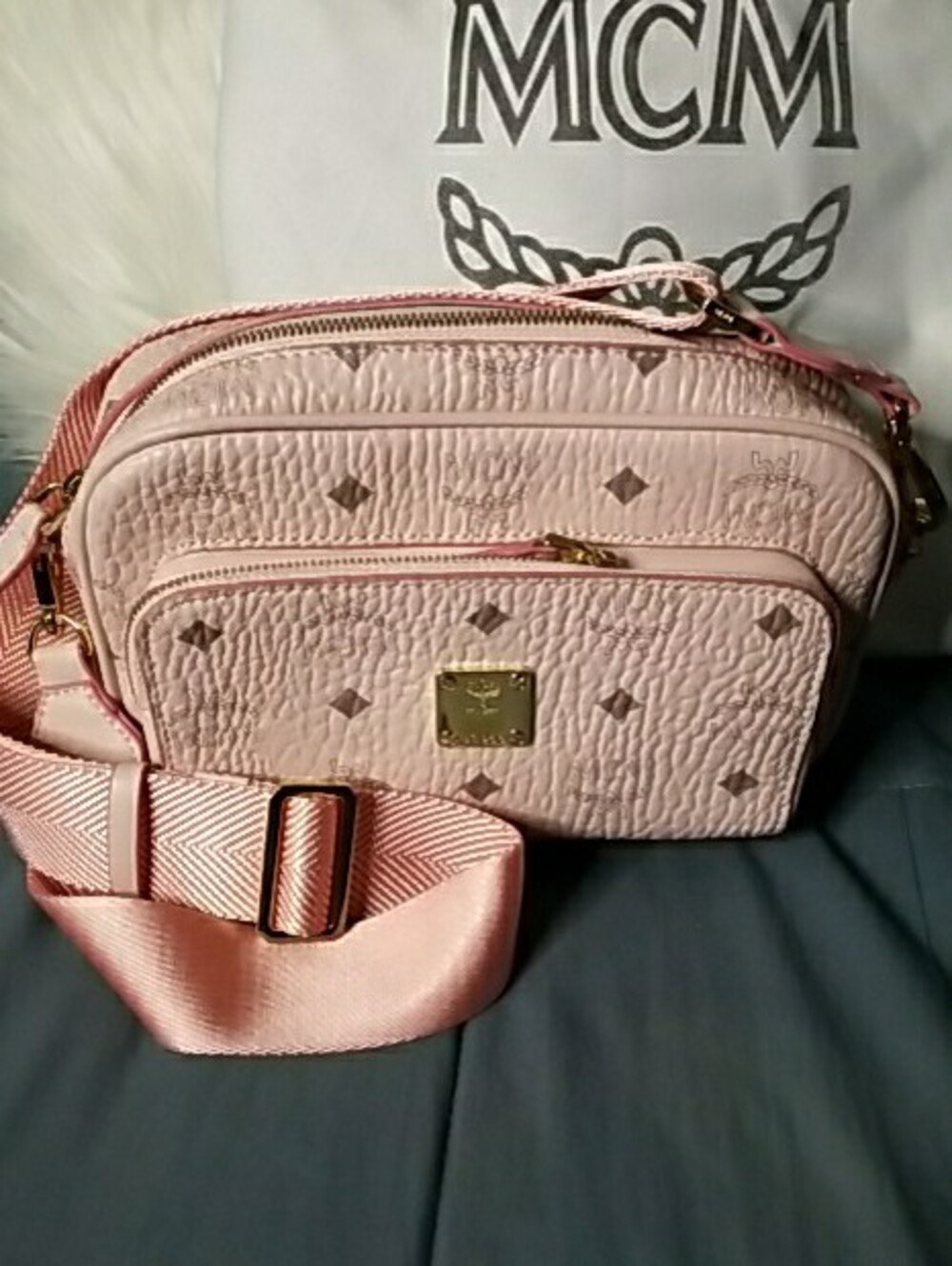 MCM Pale Pink Logo Crossbody Camera Bag with Gold Plaque - Picture 2 of 13
